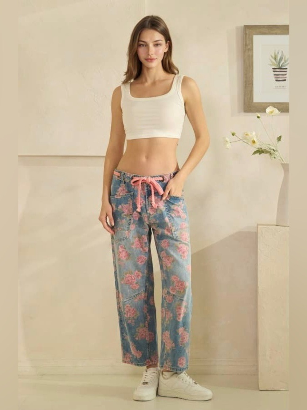 NWOT Oli and Hali Sawyer Floral Tie Waist Barrel Jeans
